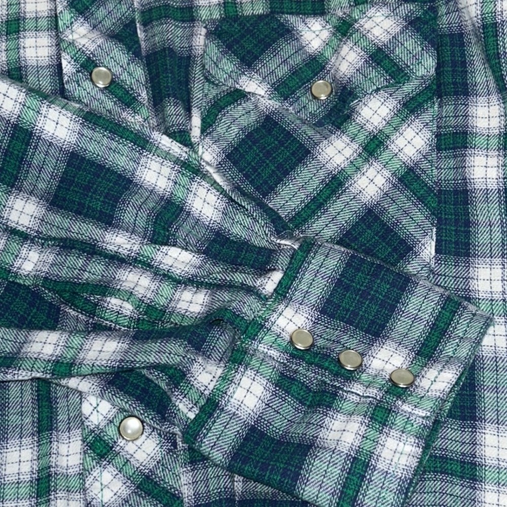 Wrangler Wrancher Shirt Blue and Green Plaid Pearly Snaps Men's Size Large - Picture 7 of 7